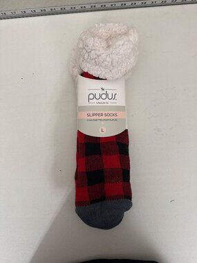 Pudus Red & Black Buffalo Plaid Slipper Socks With Ultra Plush Lining Non-Slip l